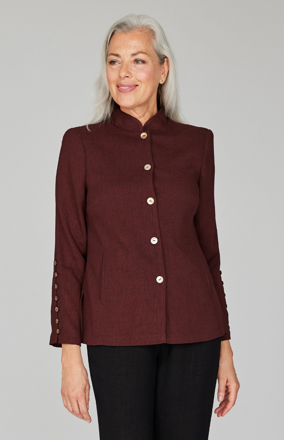 Fabienne is 5'10" and wearing Wineberry size XS.
