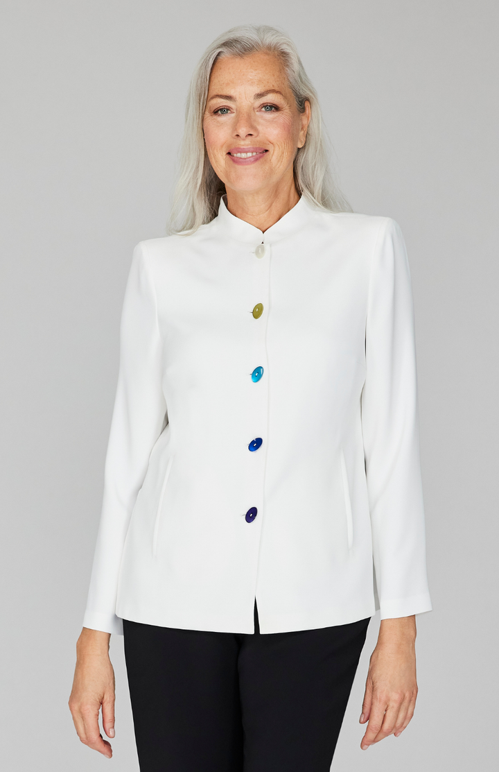 Lustrous Crepe Mandarin Collar Jacket w/ Ombré Button Detail