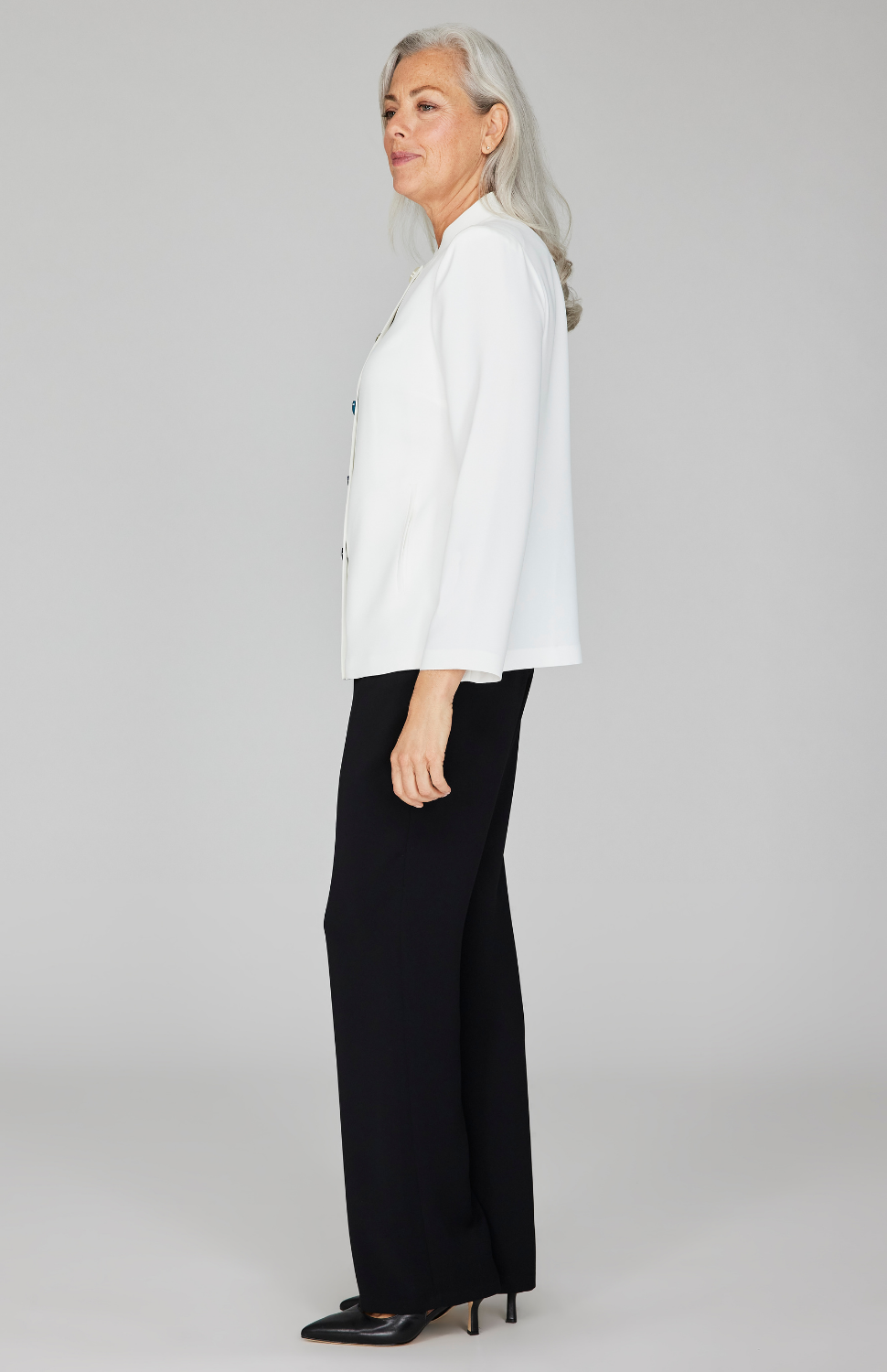 Lustrous Crepe Mandarin Collar Jacket w/ Ombré Button Detail