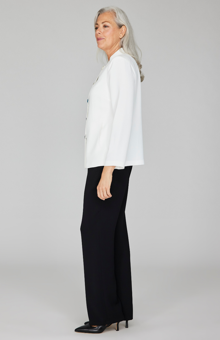 Lustrous Crepe Mandarin Collar Jacket w/ Ombré Button Detail