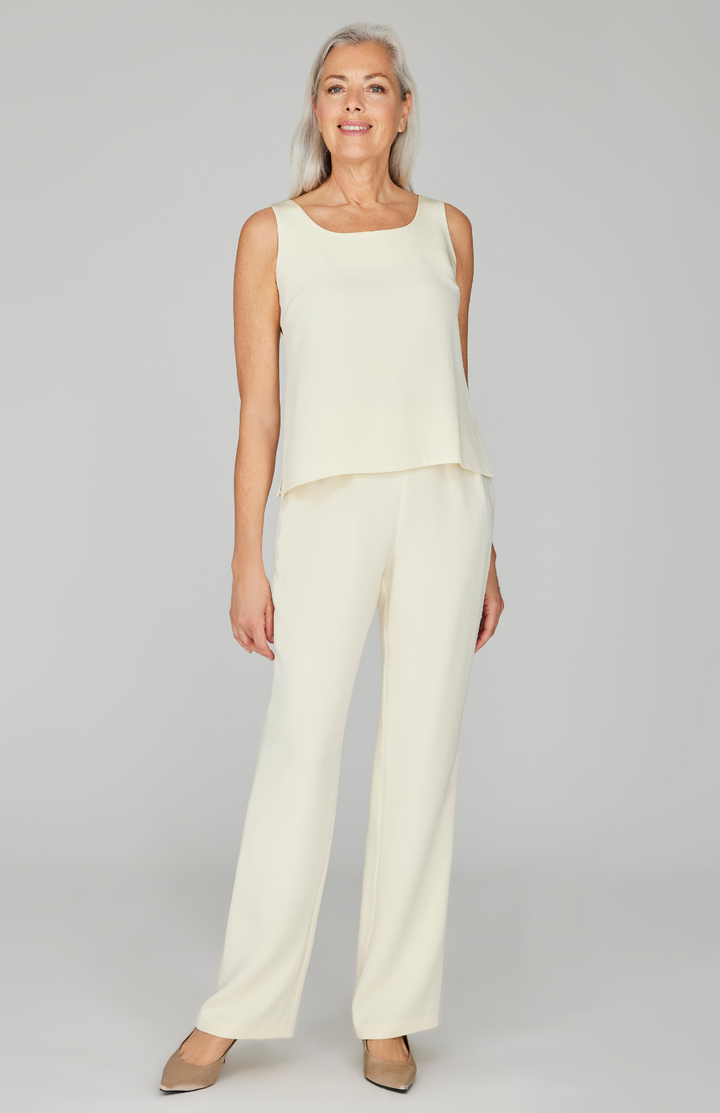 Silk Essential Straight Leg Pant w/ Flat Front &amp; Back Elastic Waist
