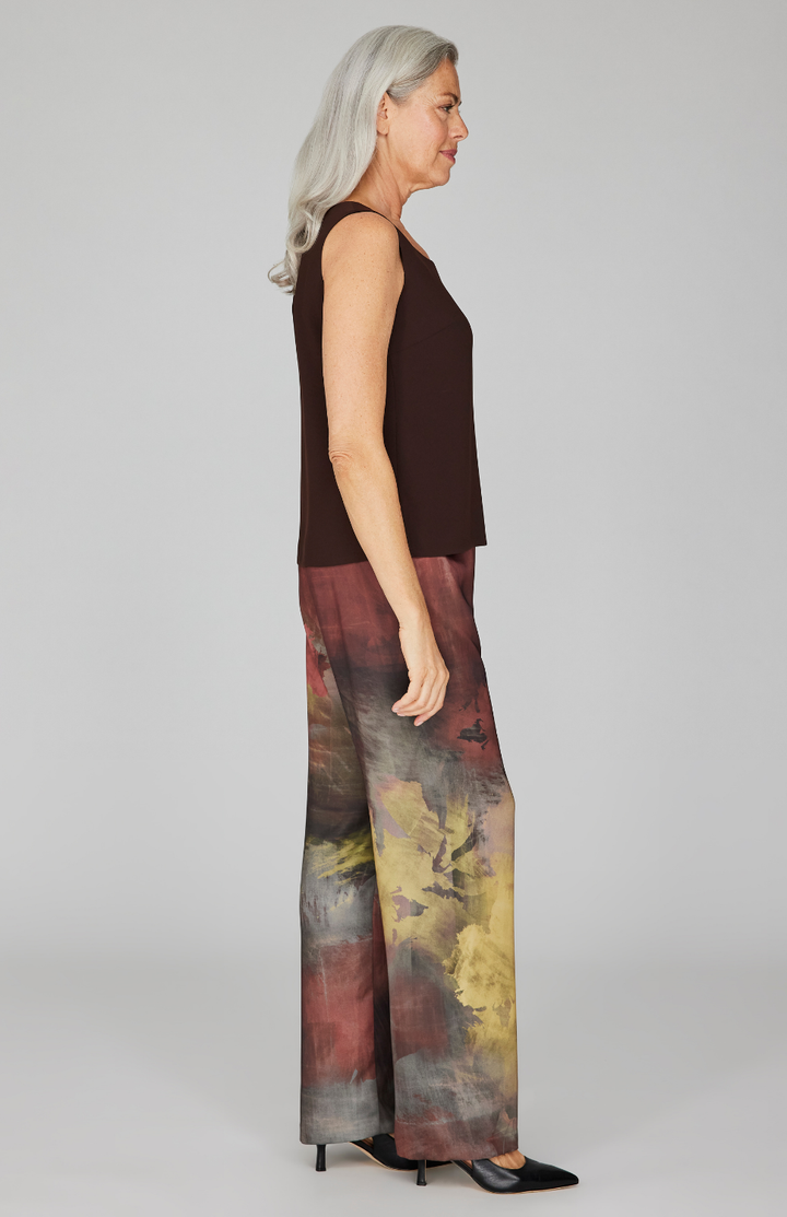Painterly Color Wash Print Wide Leg Pant w/ Back Elastic