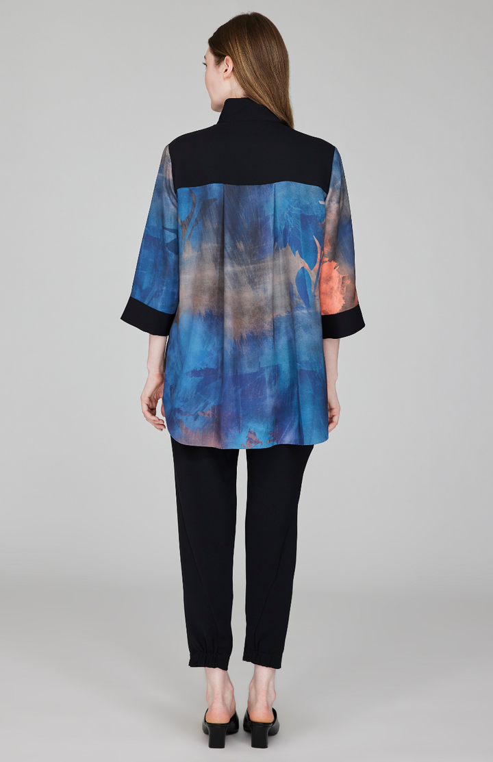 Painterly Color Wash Print Mandarin Collar Button Down Tunic