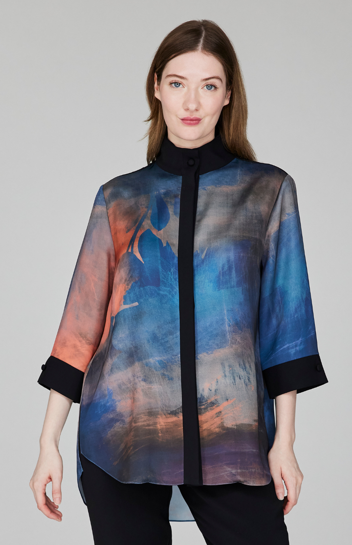 Painterly Color Wash Print Mandarin Collar Button Down Tunic