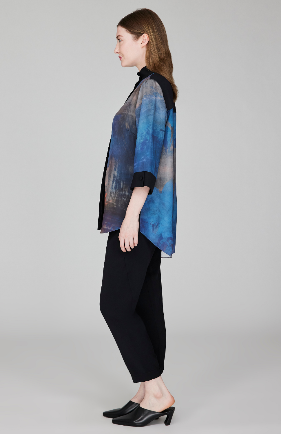 Painterly Color Wash Print Mandarin Collar Button Down Tunic