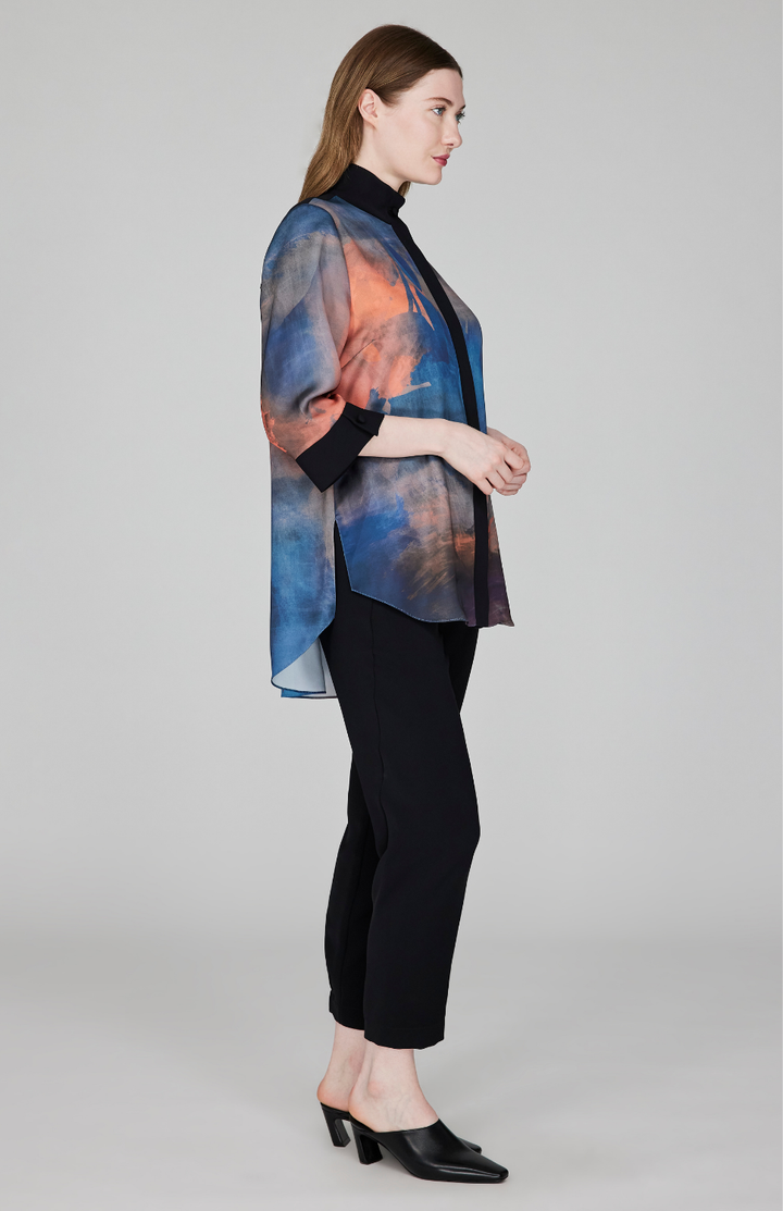 Painterly Color Wash Print Mandarin Collar Button Down Tunic