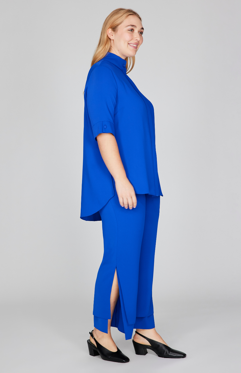 Lustrous Crepe Mandarin Collar Button Down Tunic