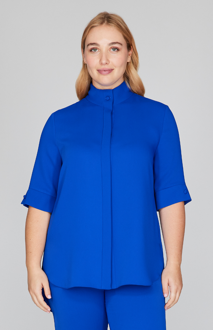Lustrous Crepe Mandarin Collar Button Down Tunic