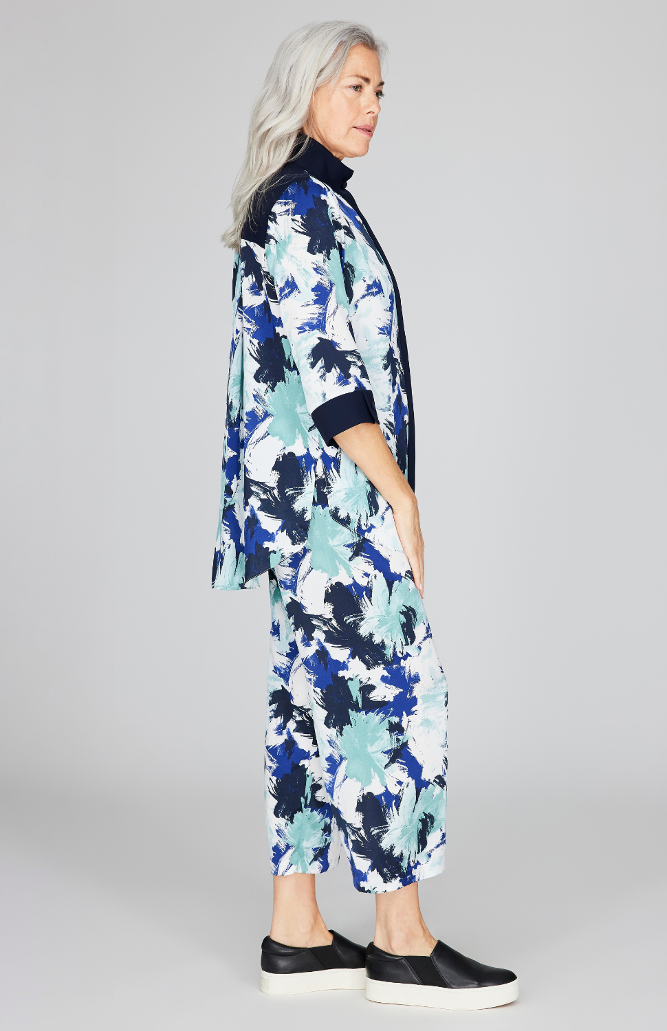 Abstract Brush Print Wide Leg Crop Pant w/ Back Elastic