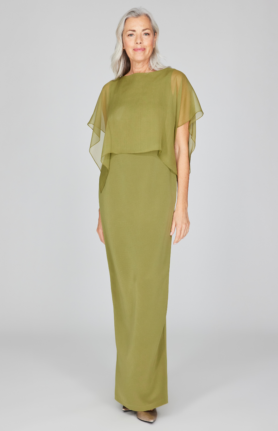 Silk Gown w/Attached Chiffon Overlay