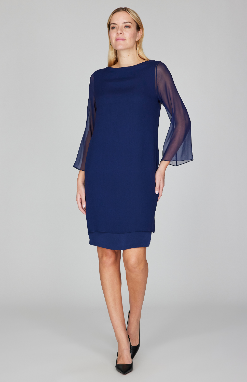 navy dress with chiffon overlay