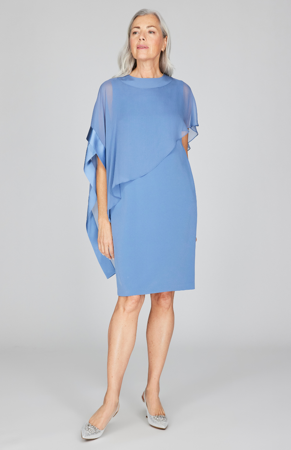 Silk Dress w/Chiffon Side Drape & Satin Trim