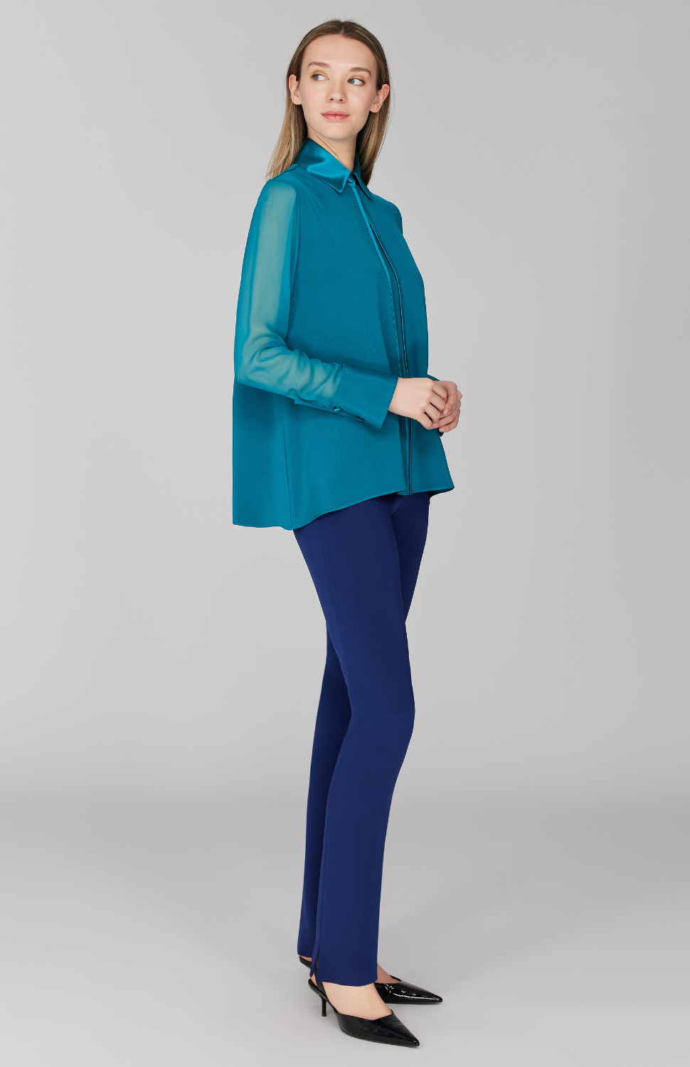 Silk Collared Jacket w/ Chiffon Sleeves