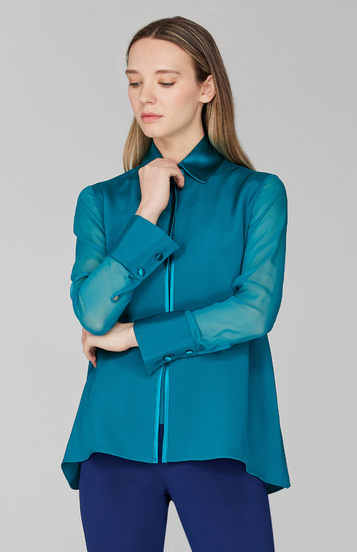 Silk Collared Jacket w/ Chiffon Sleeves