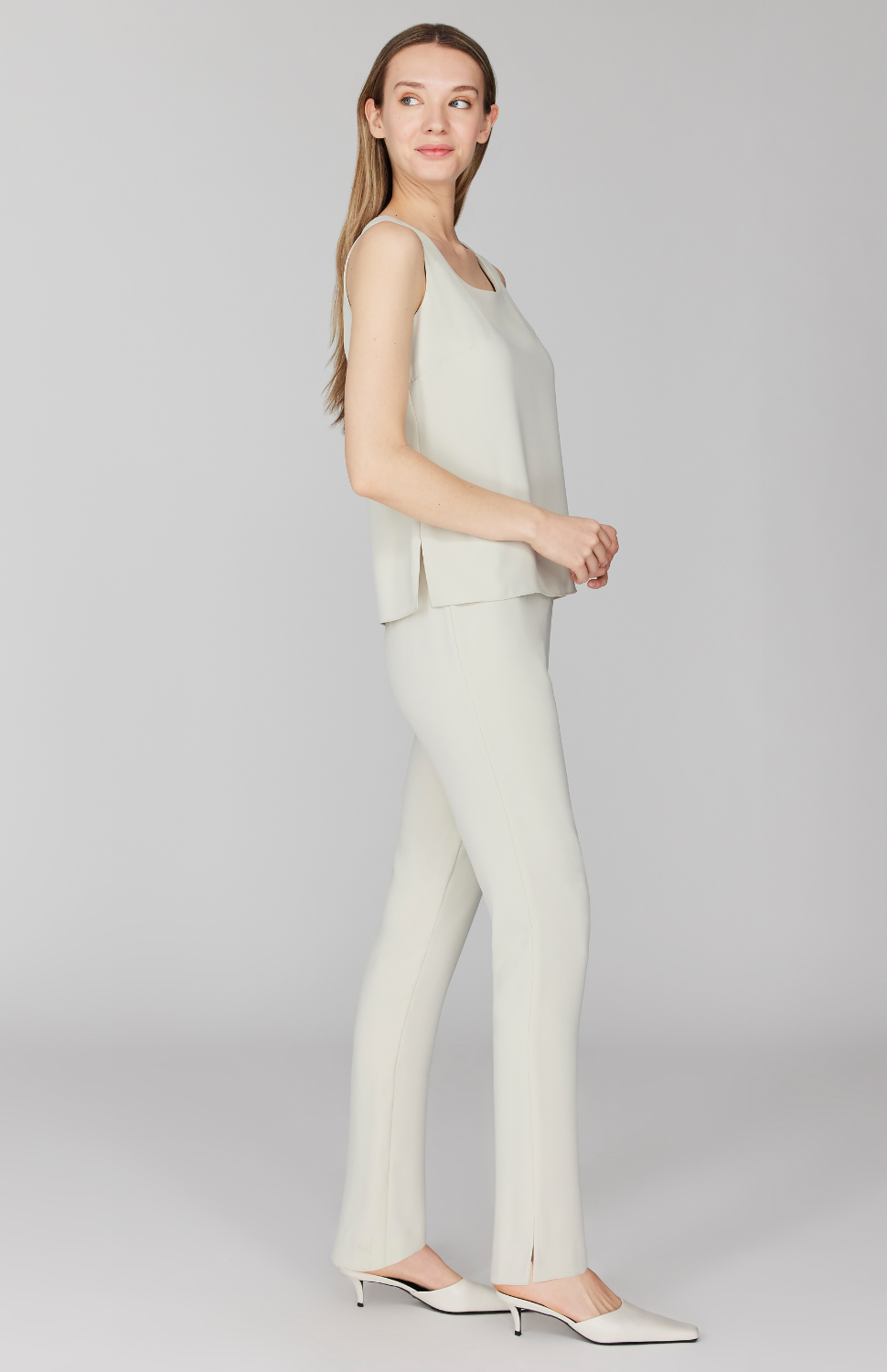 Lustrous Crepe Essential Narrow Leg Pant w/Flat Front, Back Elastic, & Slimmest Fit