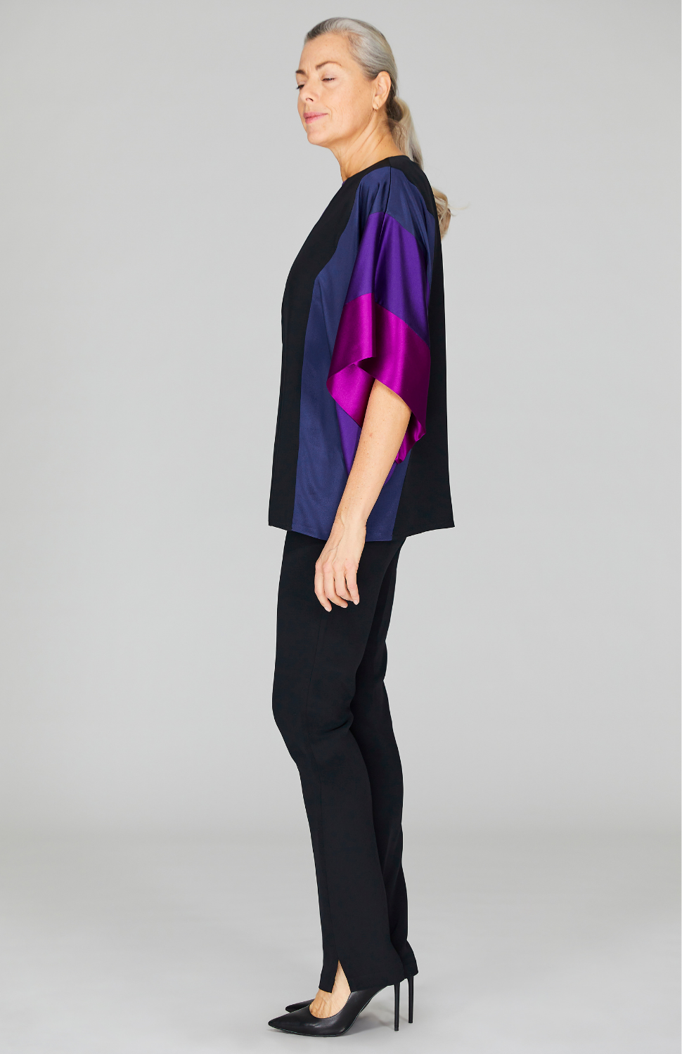 Silk Tunic w/Contrast Satin Bands & V Inset