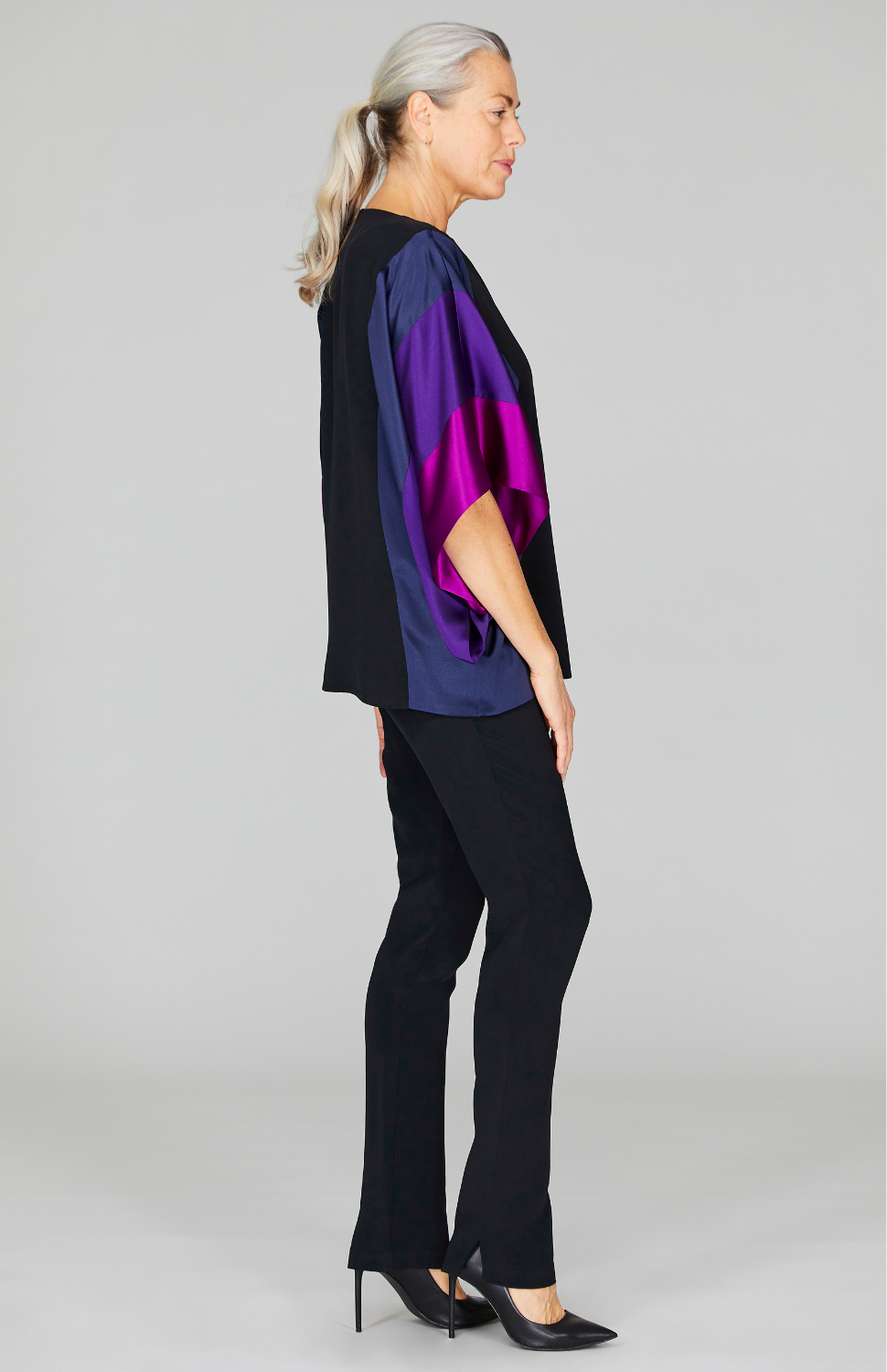Silk Tunic w/Contrast Satin Bands & V Inset