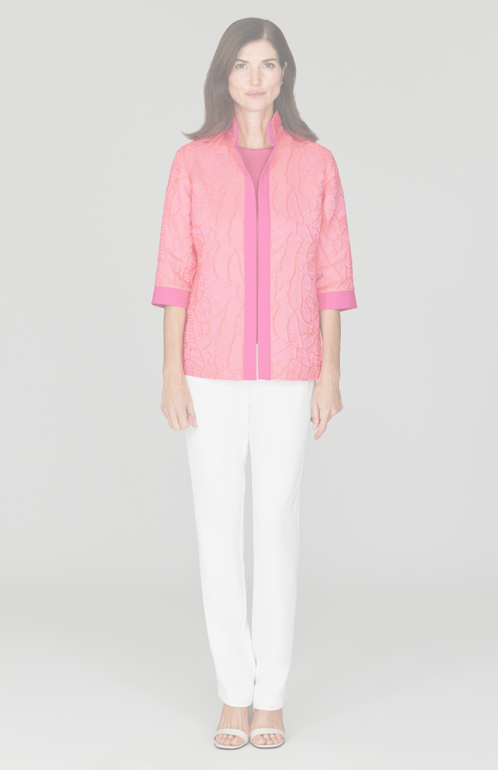 Abstract Botanic Stretch Jacquard Open Front High Neck Shirt Jacket