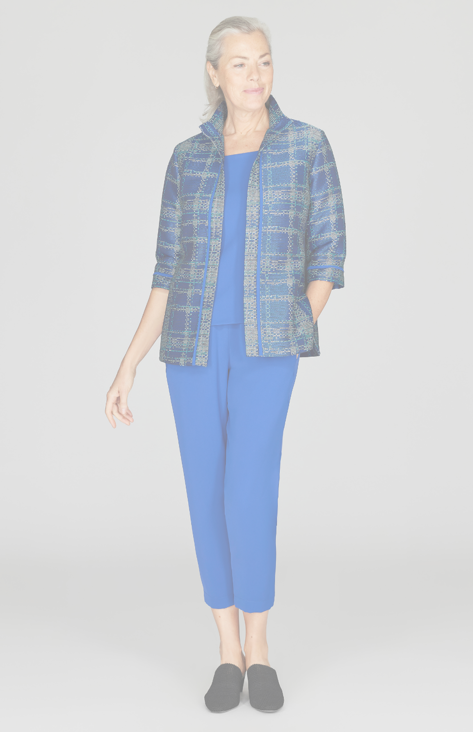 Plaid Jacquard Open Front High Neck Shirt Jacket w/ Bias