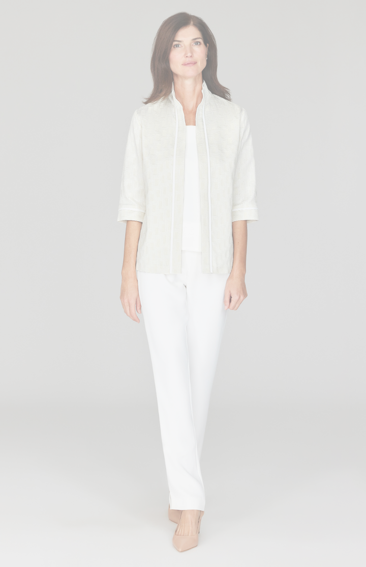 Basketweave Jacquard Open Front Shirt Jacket w/ Bias Trim