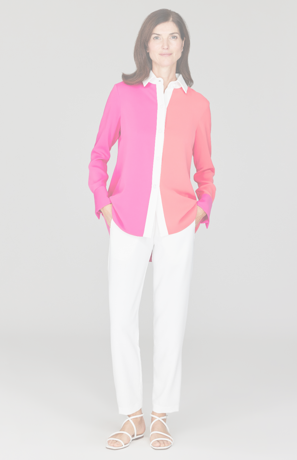 Color Block Lustrous Crepe Back Overlap Shirt