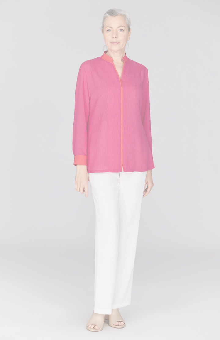 Color Block Microlinen Zip Front Mandarin Collar Shirt
