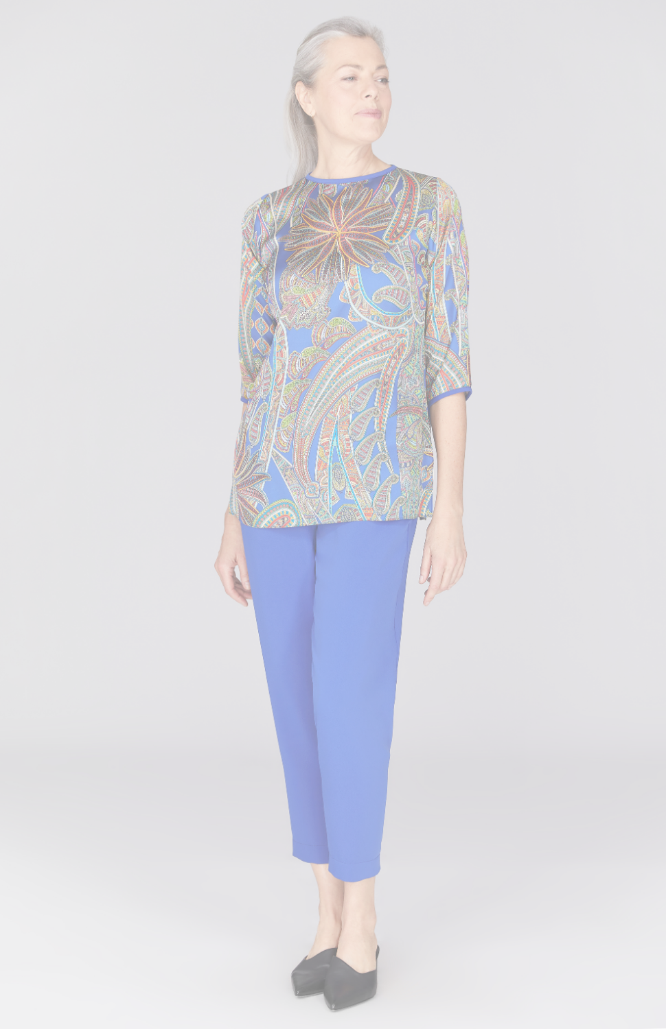 Paisley Print 3/4 Sleeve Blouse w/ Bias Trim