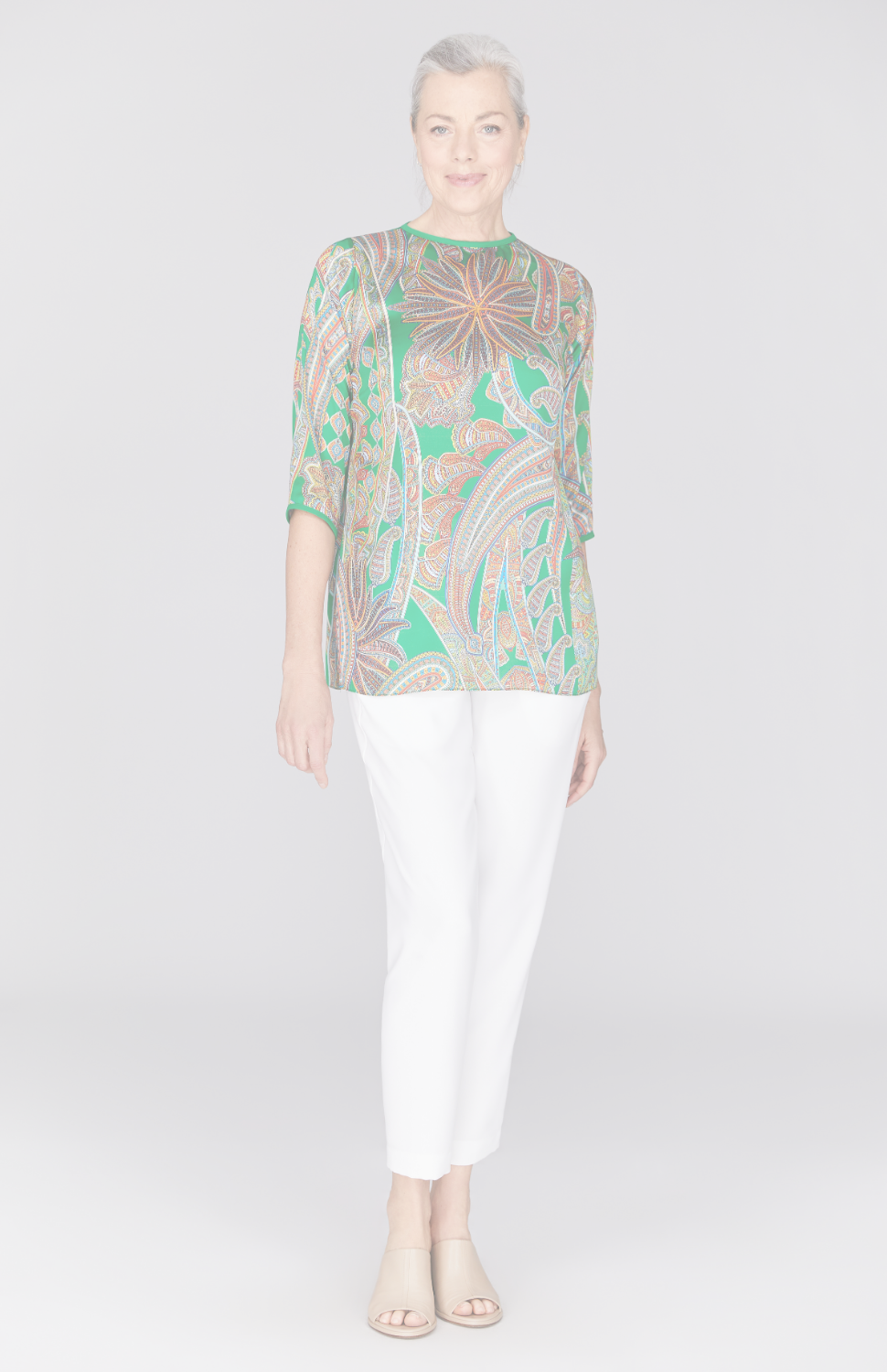 Paisley Print 3/4 Sleeve Blouse w/ Bias Trim