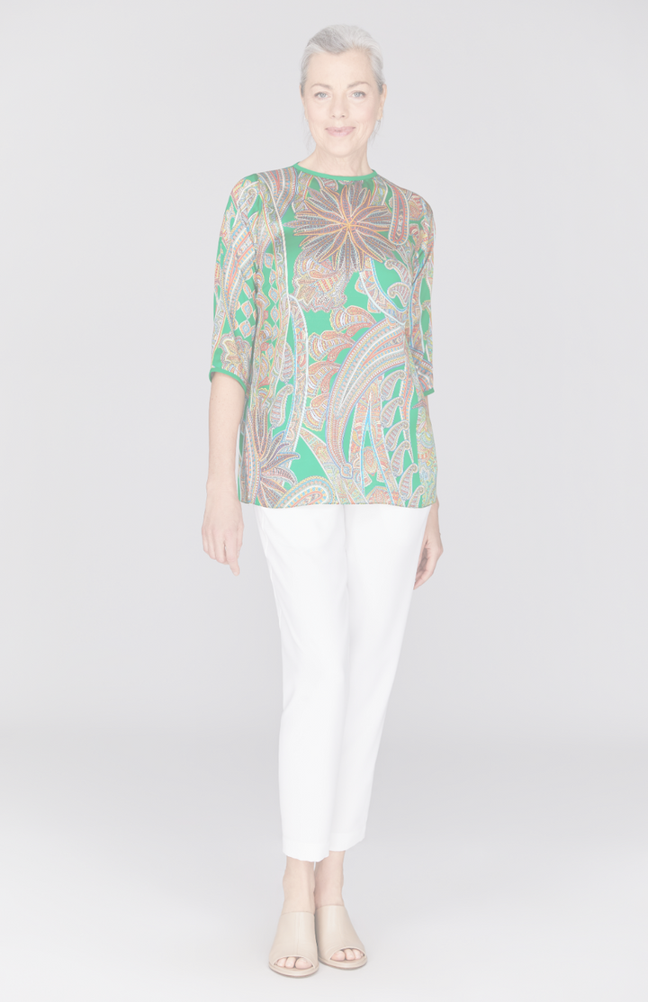 Paisley Print 3/4 Sleeve Blouse w/ Bias Trim