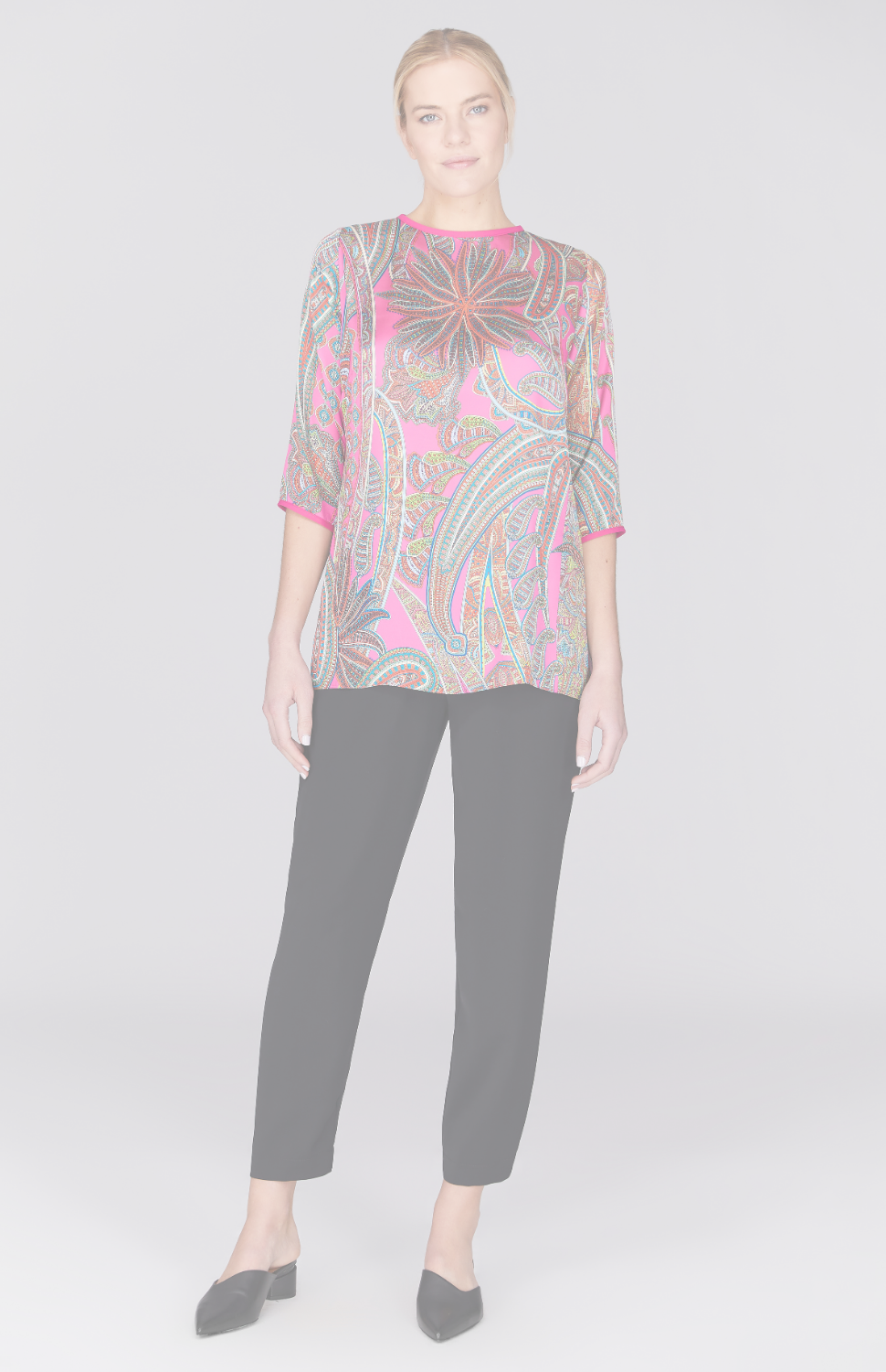 Paisley Print 3/4 Sleeve Blouse w/ Bias Trim