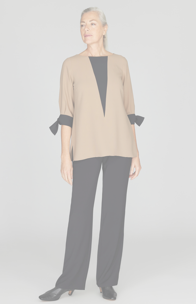 Lustrous Crepe 3/4 Sleeve Blouse w/ Tie Cuff and V Inset