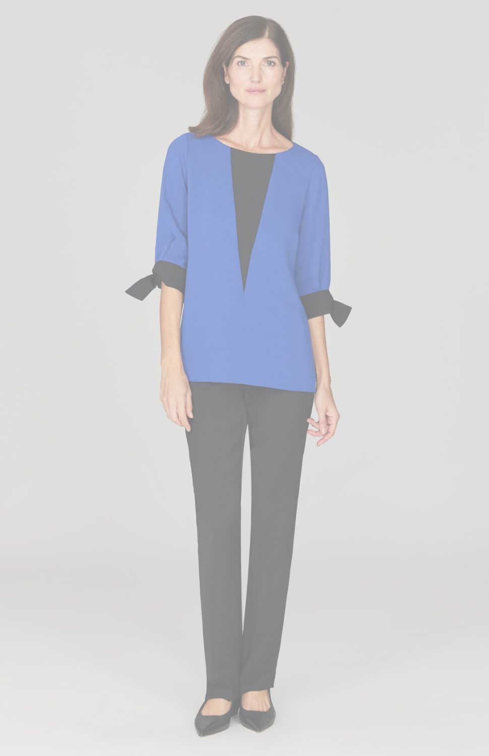 Lustrous Crepe 3/4 Sleeve Blouse w/ Tie Cuff and V Inset