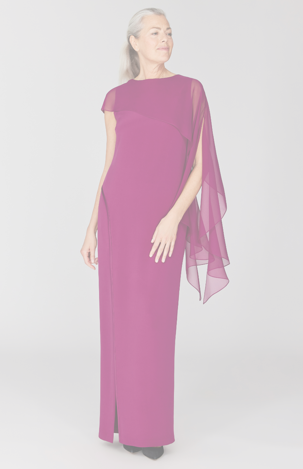 Silk Gown w/ Asymmetric Chiffon Overlay and Satin Bias Slit