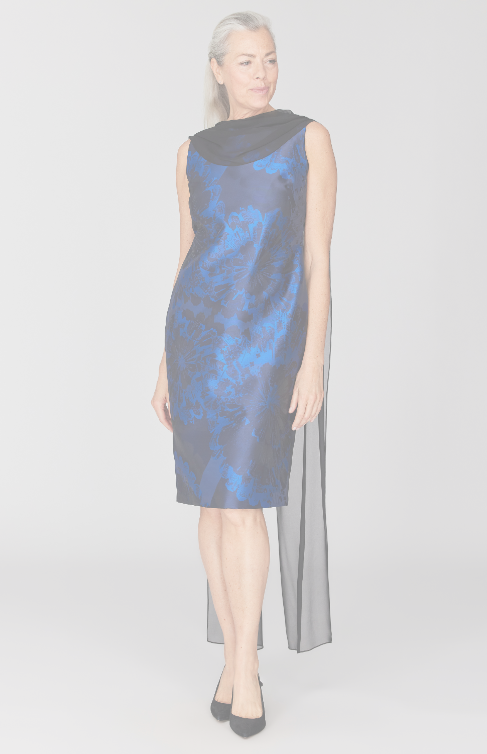 Sheer Tonal Floral Organza Dress w/ Draped Chiffon Scarf