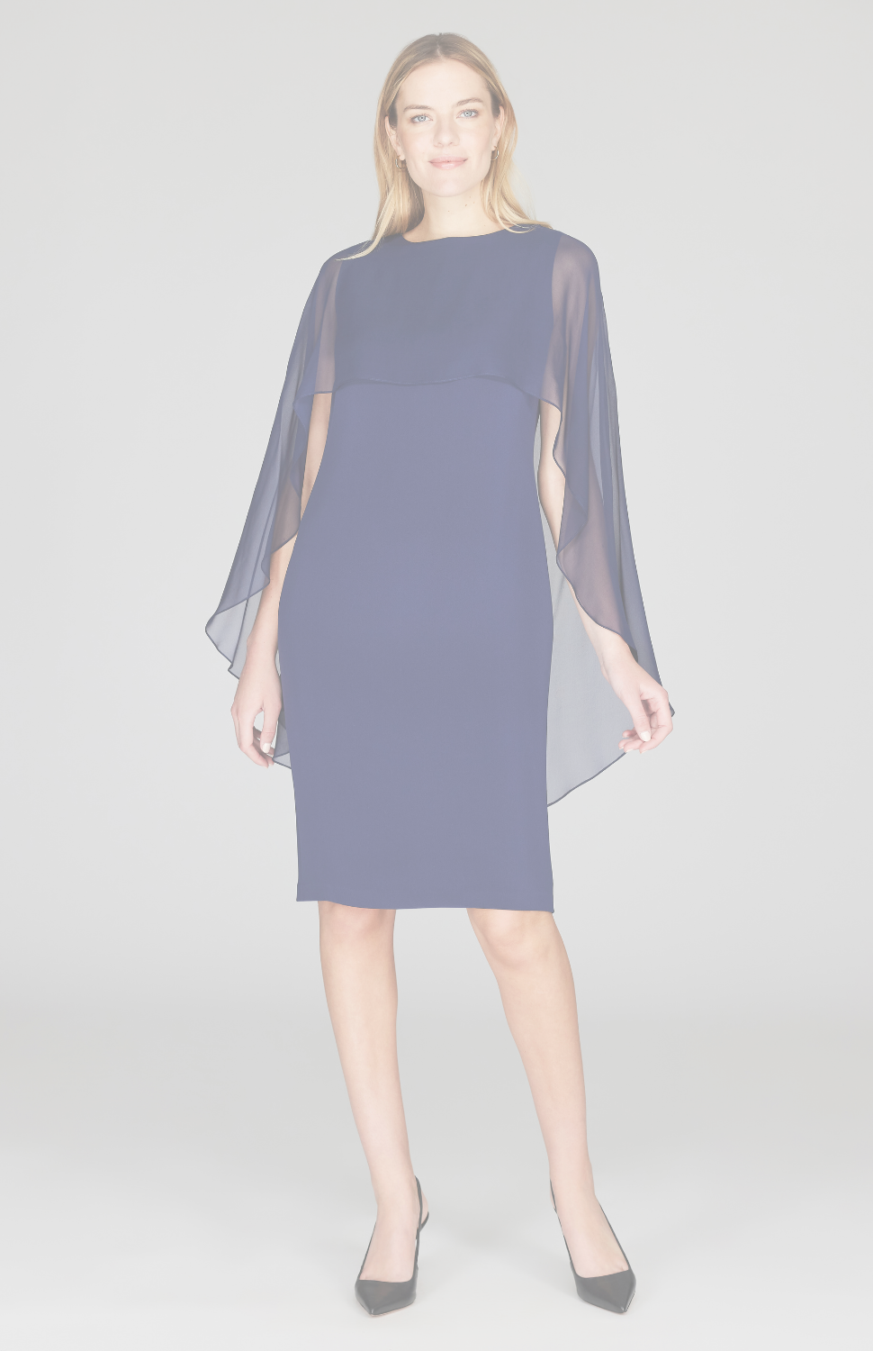 chiffon capelet sheath dress Plus Jersey Sheath Dress with Asymmetric Chiffon Capelet with Embellished Illusion Panel