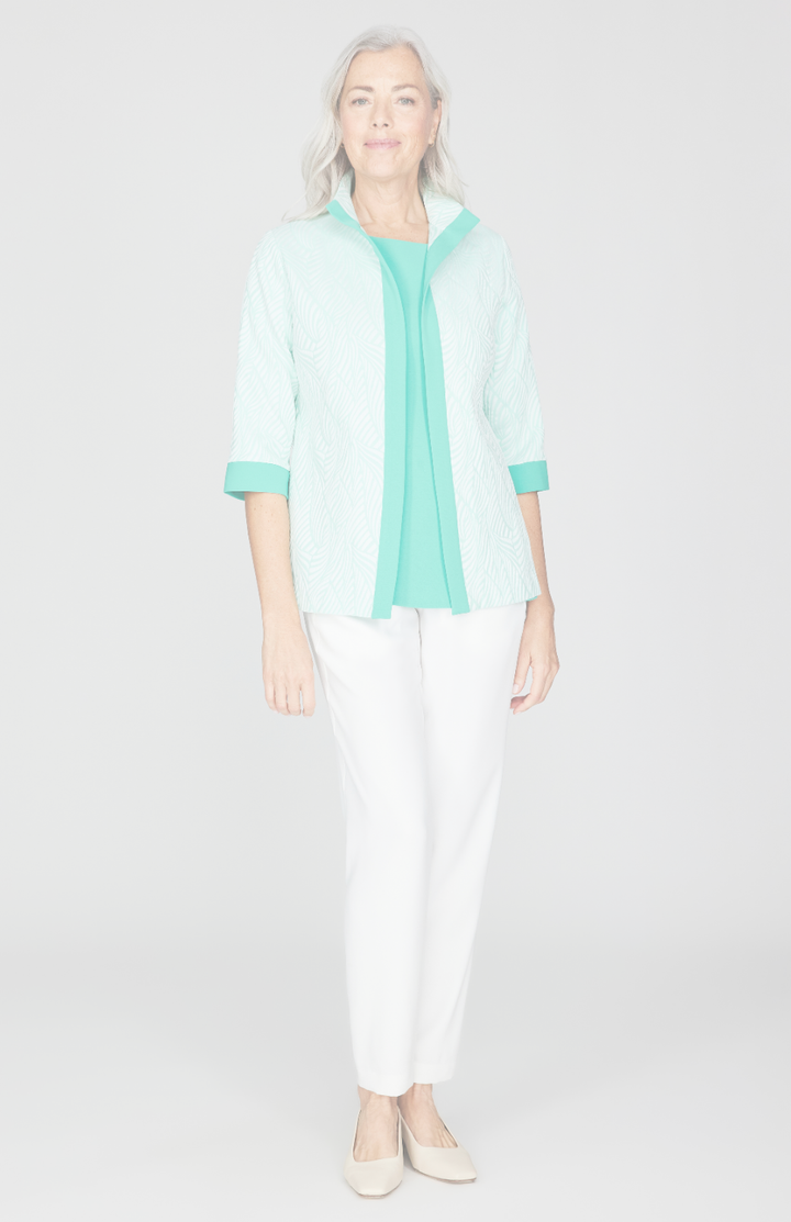 Tonal Botanic Stretch Jacquard Open Front High Neck Shirt Jacket