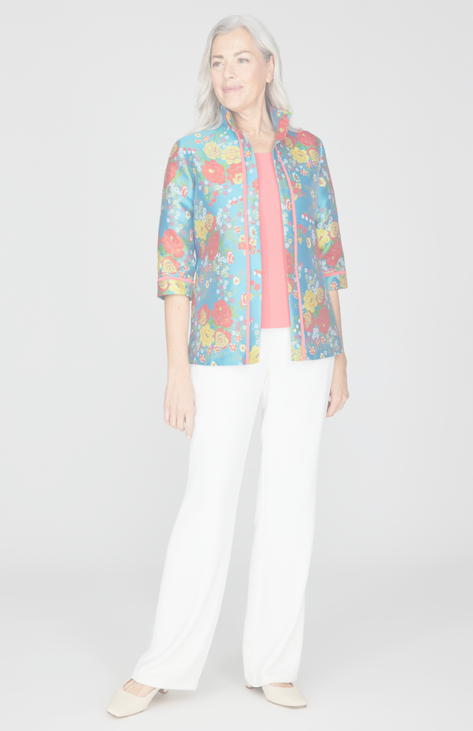 Summer Blooms Jacquard Open Front High Neck Shirt Jacket