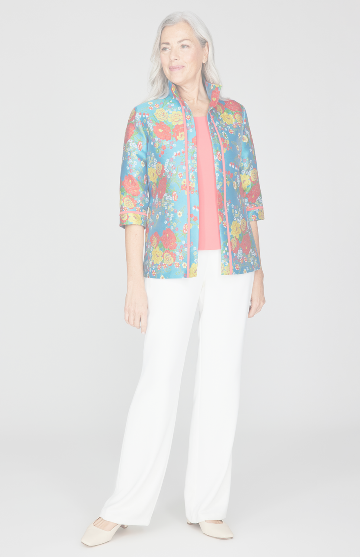 Summer Blooms Jacquard Open Front High Neck Shirt Jacket