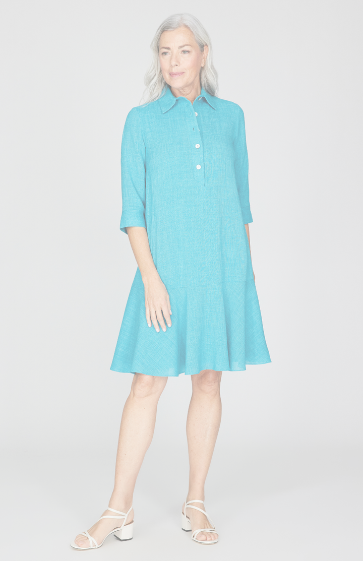 Microlinen Collared Trapeze Dress w/ Flared Skirt