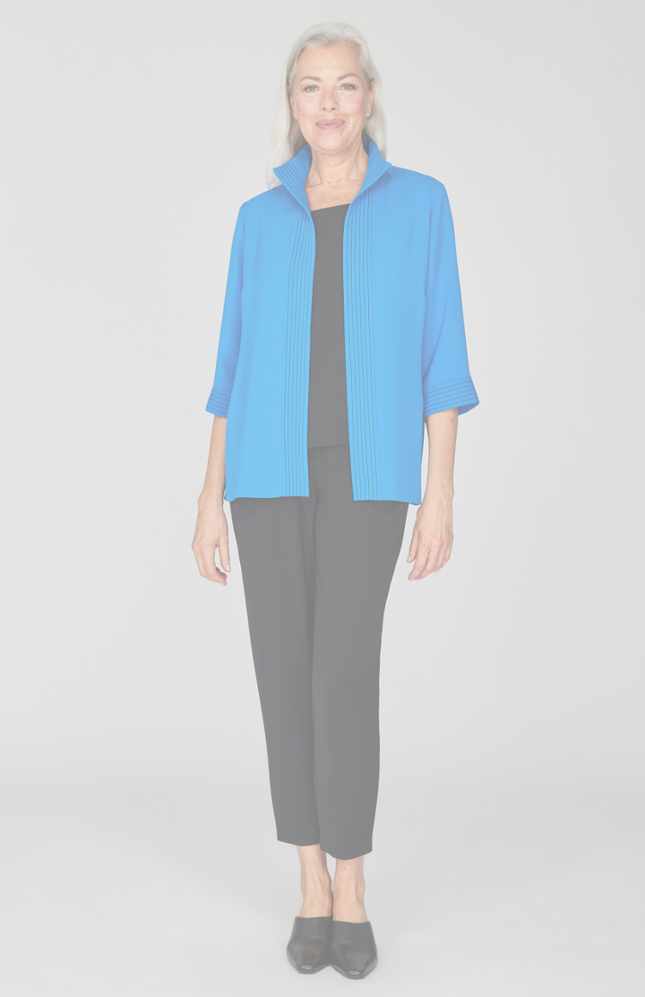 Lustrous Crepe Open Front High Neck Shirt Jacket w/ Trapunto Stitch Detail