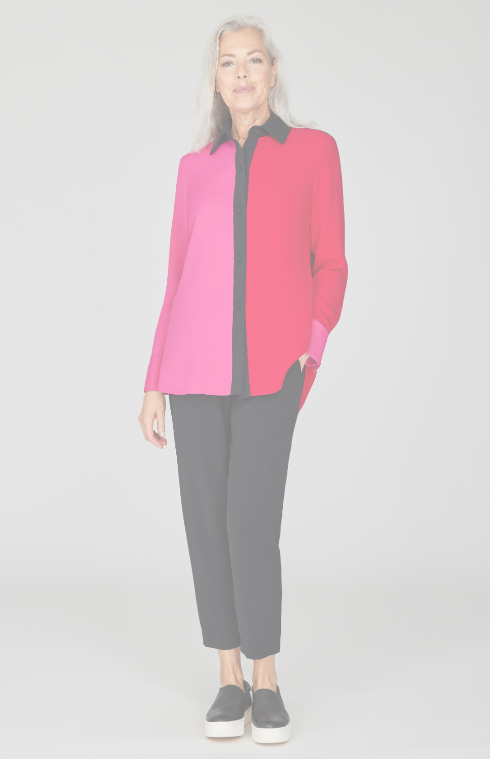 Lustrous Crepe Color Block Back Overlap Shirt- Hibiscus 2