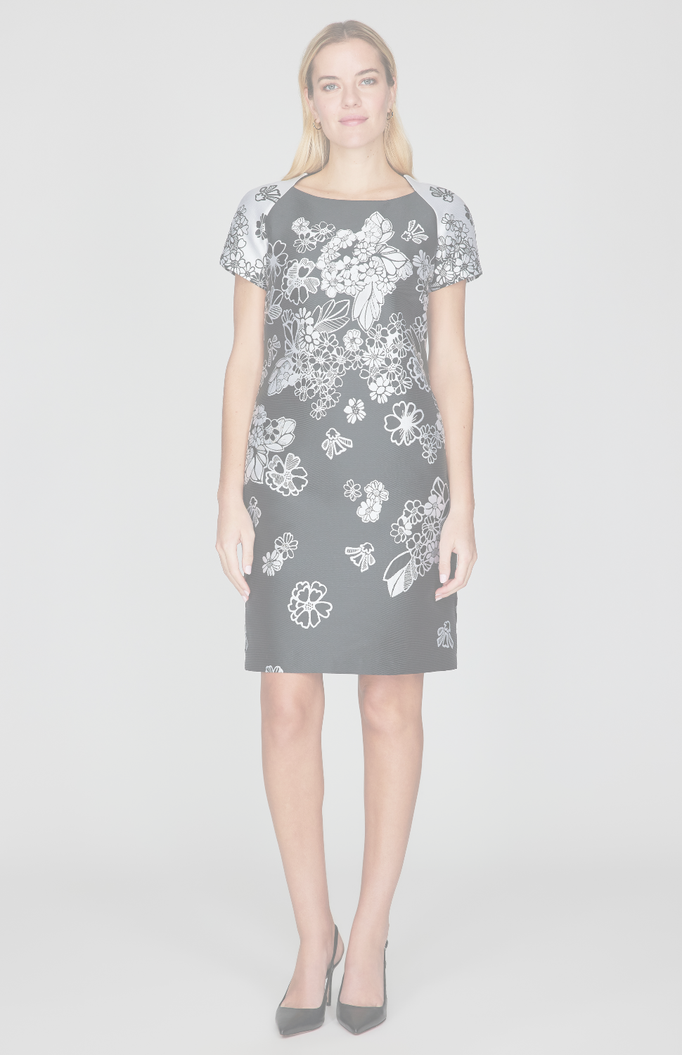 Graphic Flora Jacquard Sheath Dress w/ Contrast Cap Sleeve