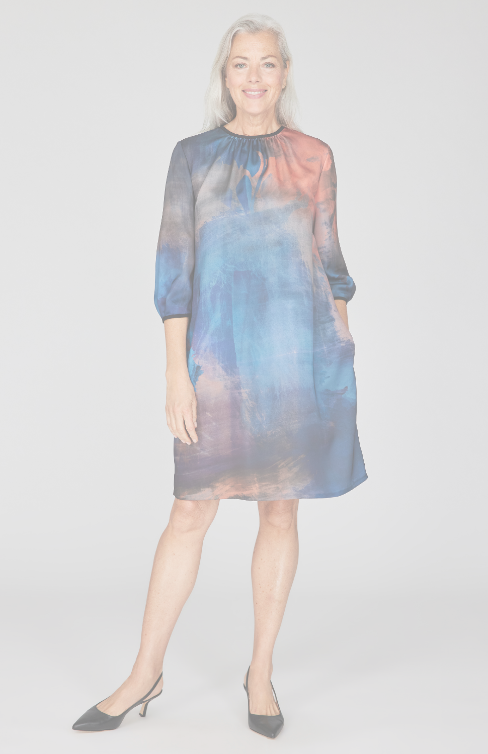 Painterly Color Wash Print Gather Neck Trapeze Dress