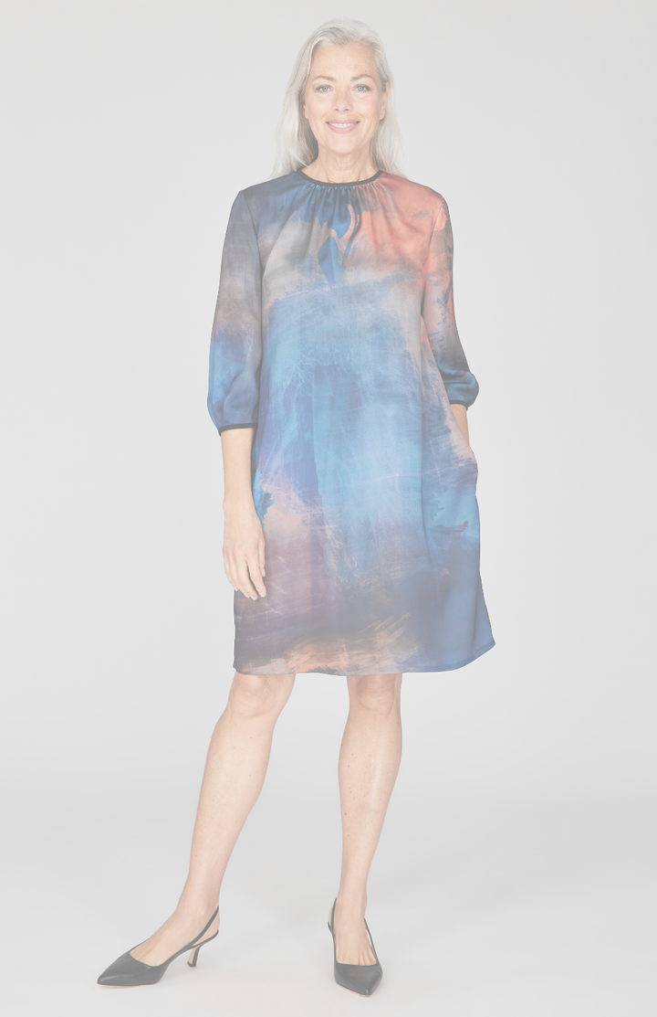 Painterly Color Wash Print Gather Neck Trapeze Dress