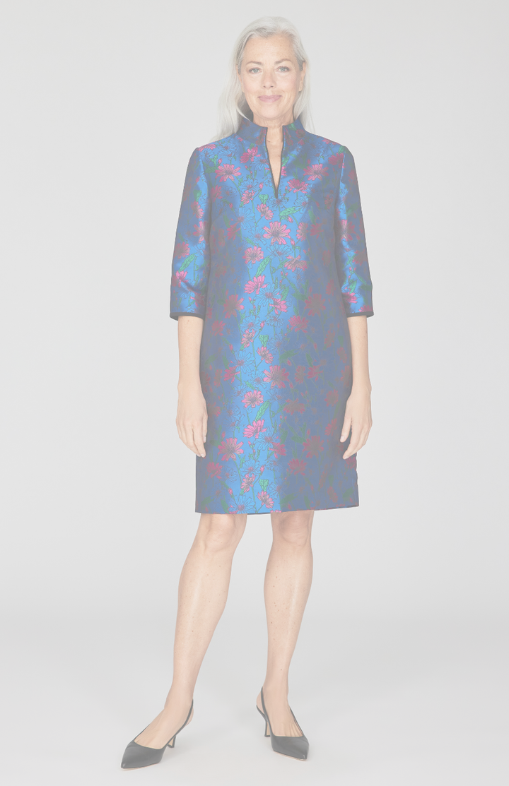 Bloomscape Jacquard 3/4 Sleeve Shift Dress w/ Split Neck