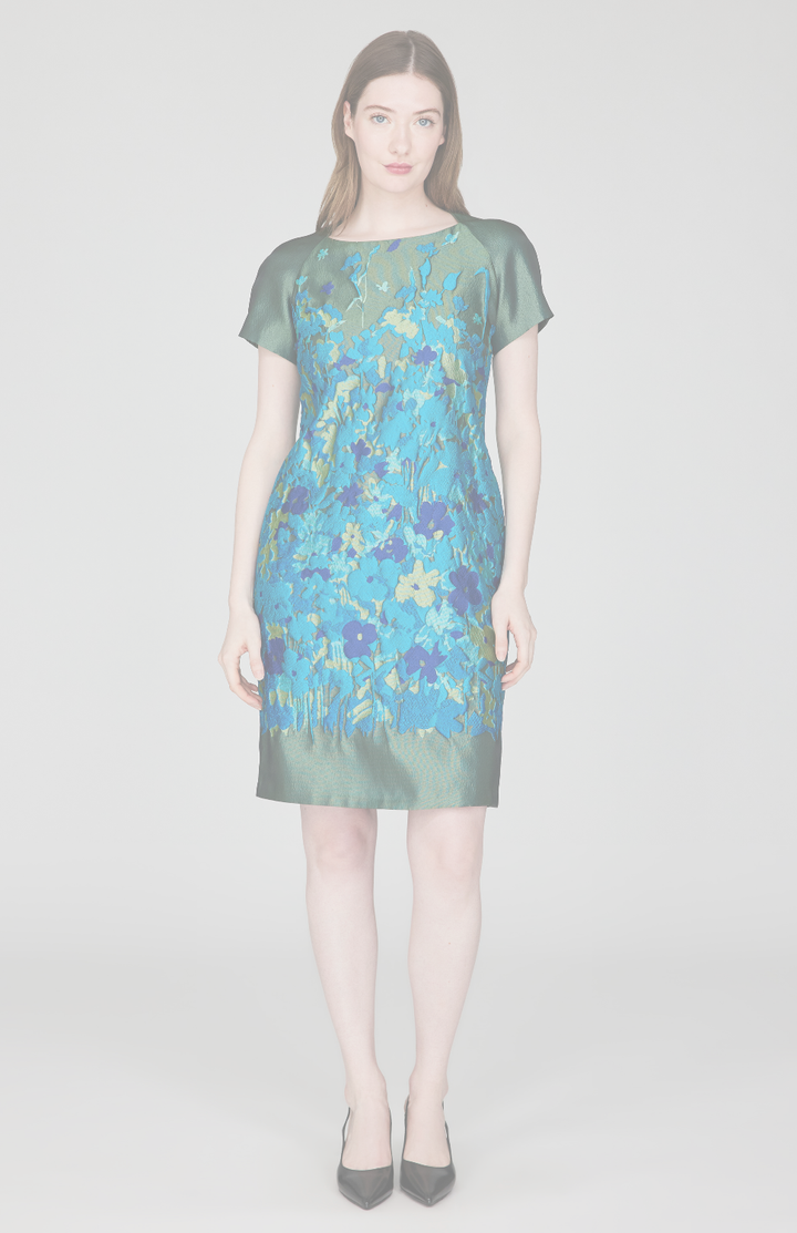 Botanical Garden Jacquard Sheath Dress w/ Contrast Cap Sleeve
