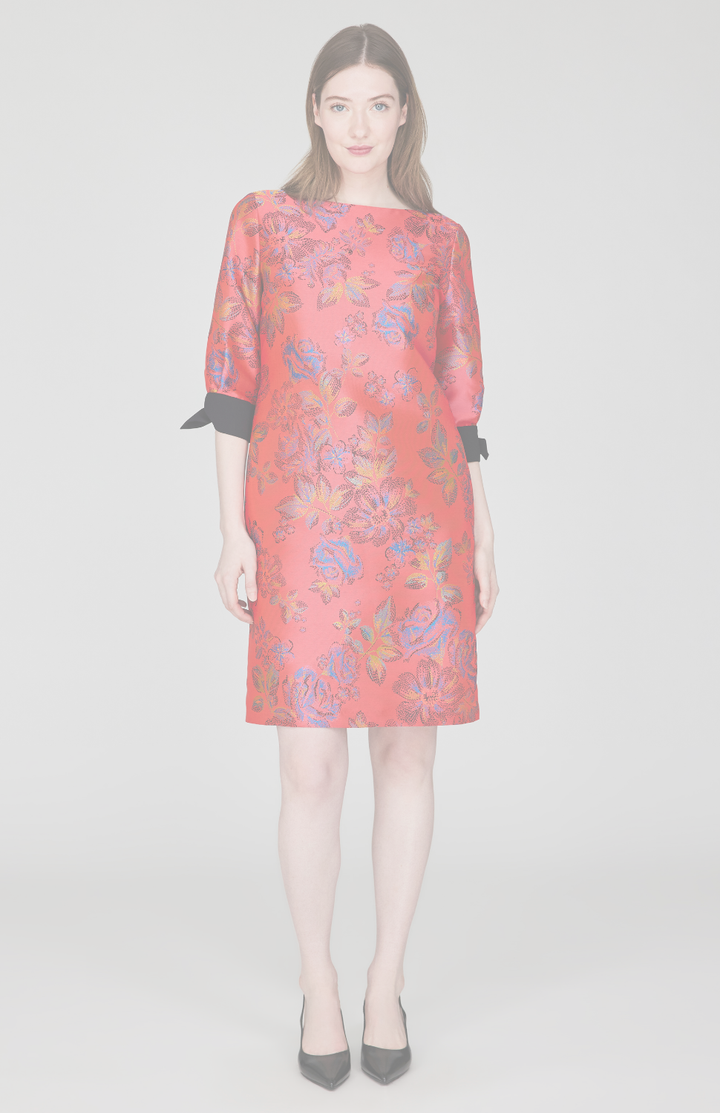 Impressionist Bloom Jacquard 3/4 Sleeve Sheath Dress w/ Tie Cuff