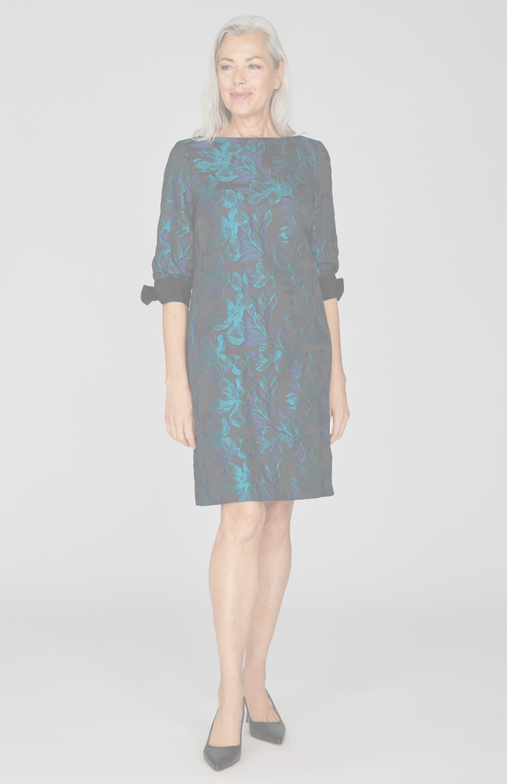 Metallic Magnolia Jacquard 3/4 Sleeve Dress w/ Tied Cuff