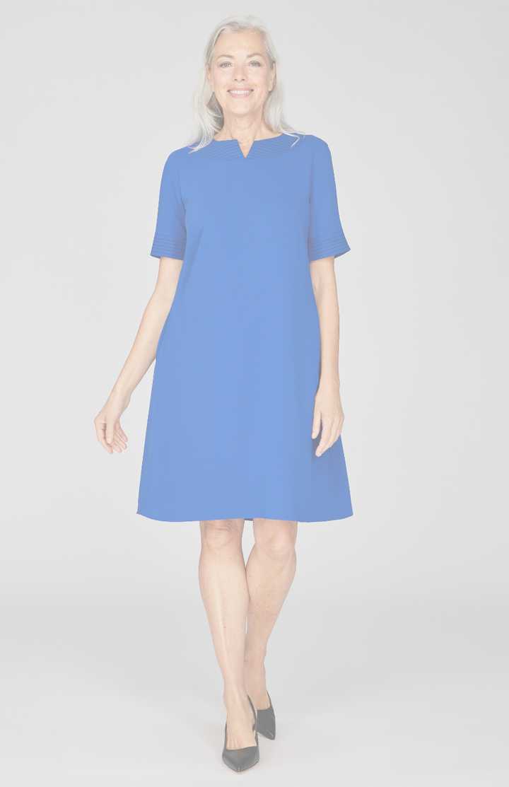 Lustrous Crepe Short Sleeve Trapeze Dress w/ Trapunto Stitch Detail