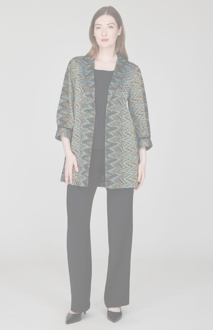 Metallic Chevron Knit Long Blazer w/ Bias Trim